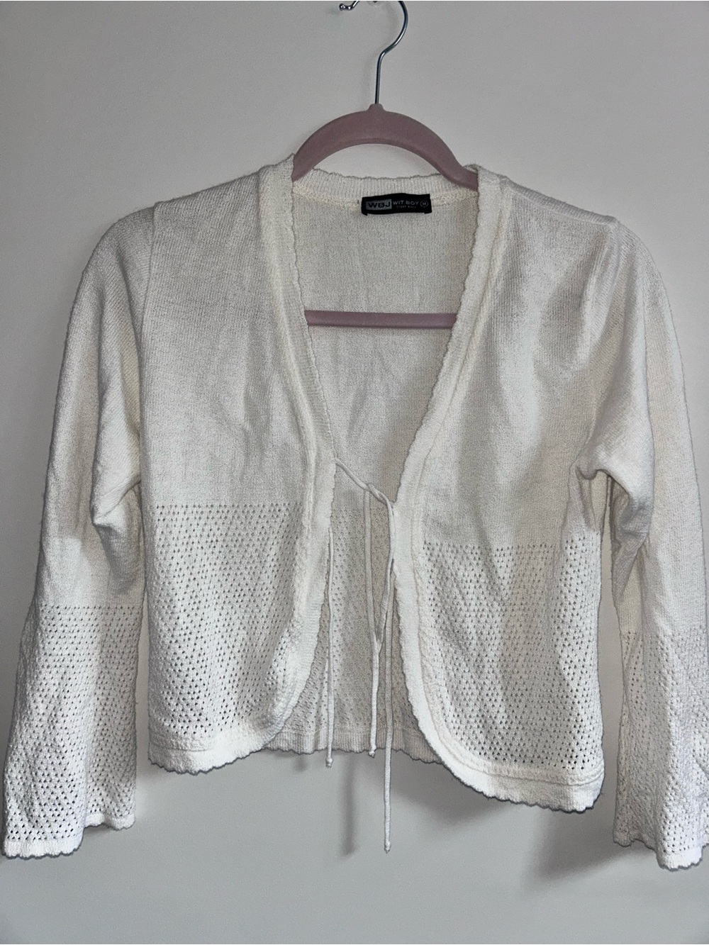 Vintage White Knit Tie-Front Cardigan with Bell Sleeves and Scallop Edge Detail